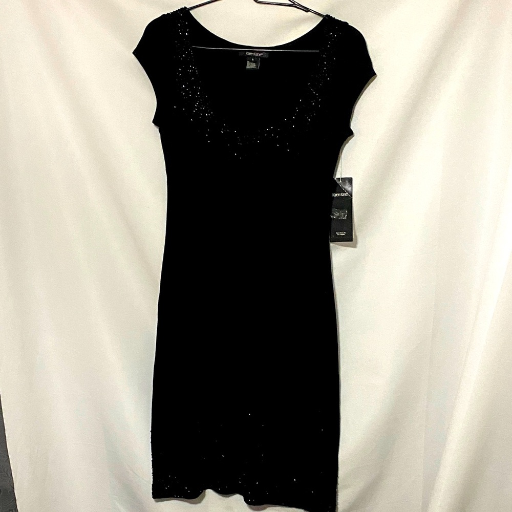 Nwt Karen Kane Wo Size Small Black Mini Dress Beaded Around Top And Hem Detail